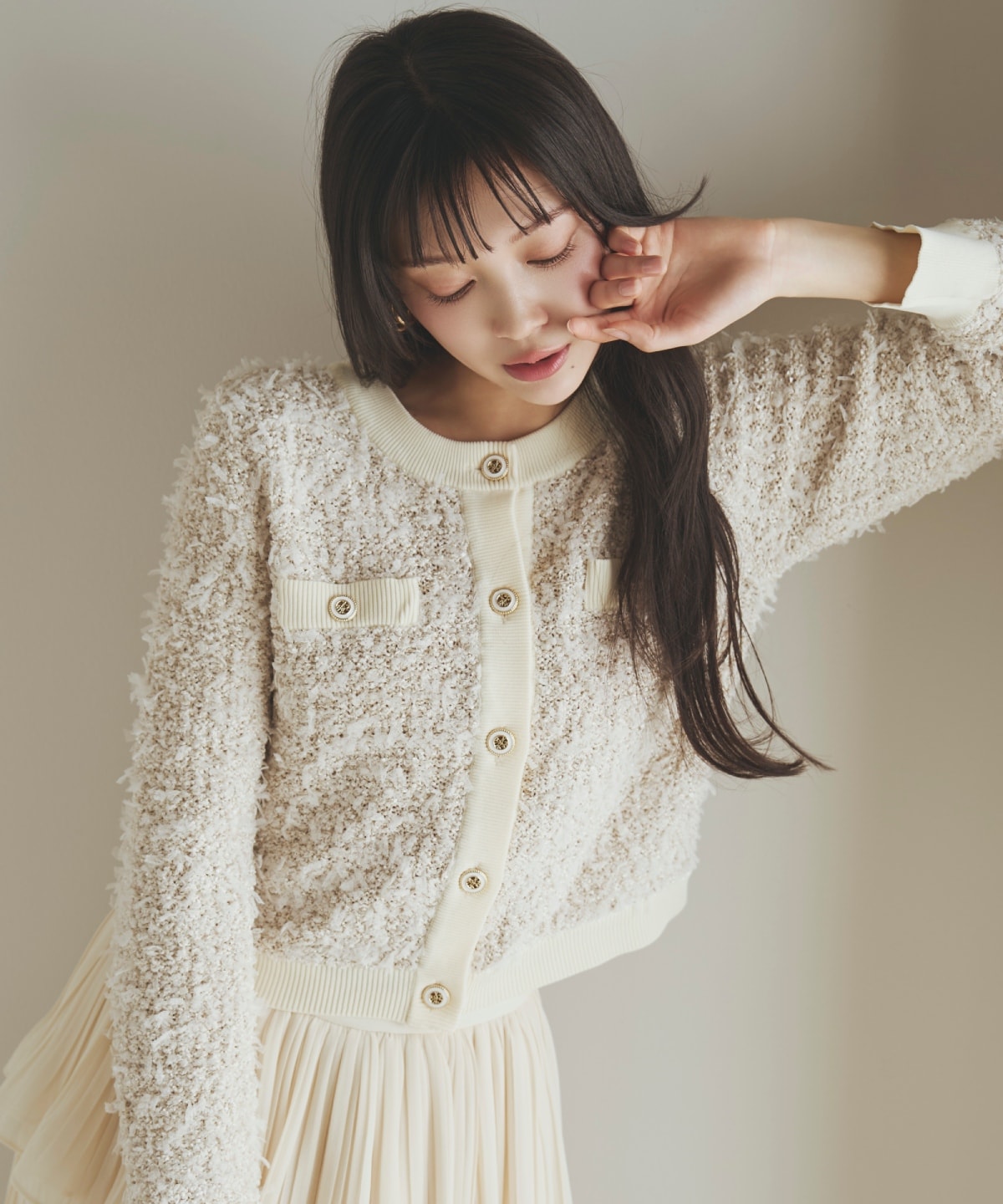 【先行予約受付中】ラメ入りツイード調ニットカーディガン