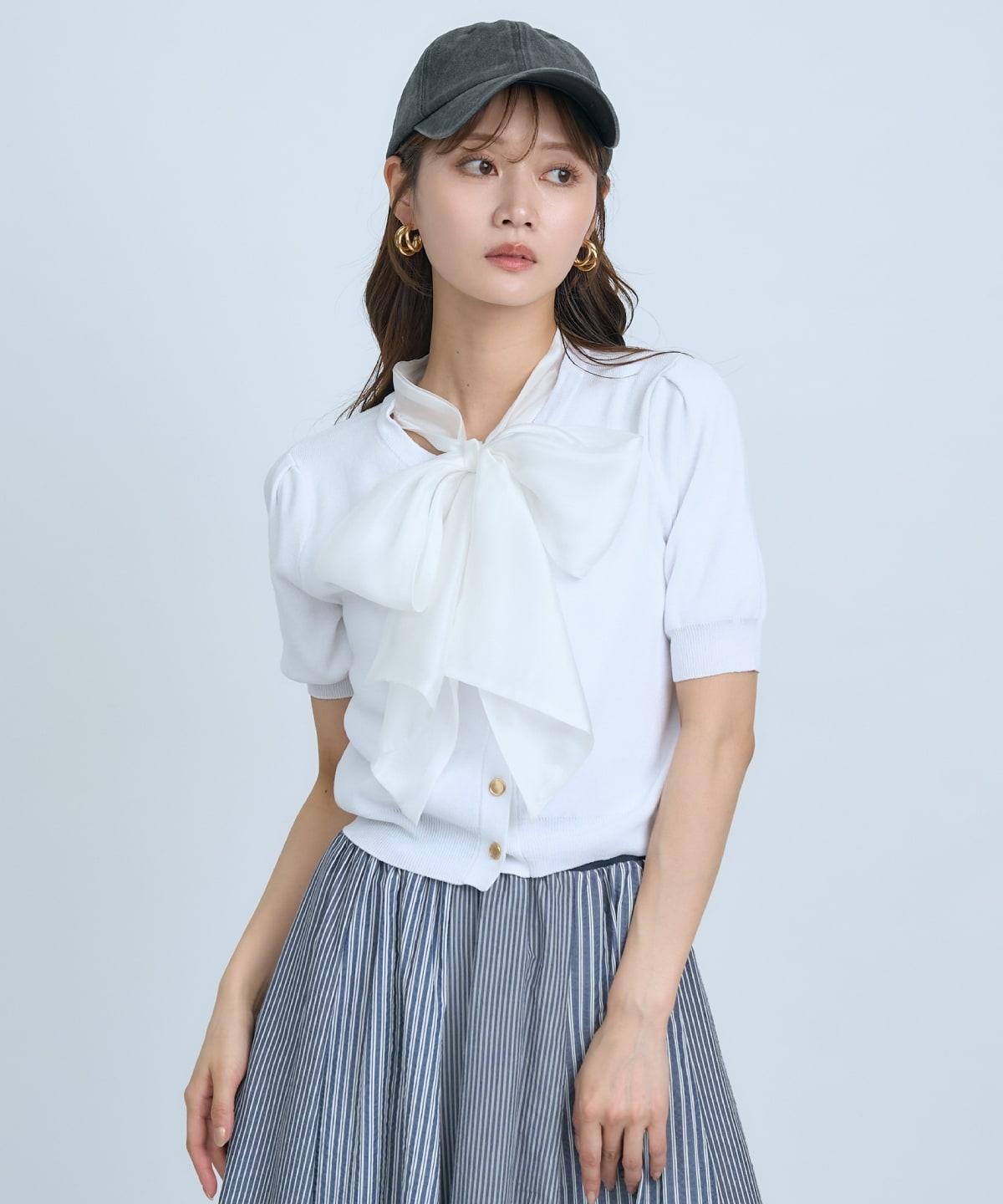 【先行予約受付中】異素材リボン半袖ニットカーディガン