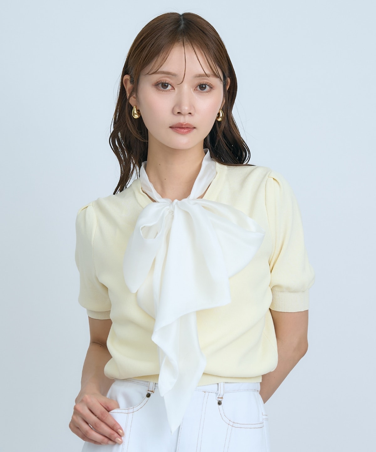 【先行予約受付中】異素材リボン半袖ニットカーディガン