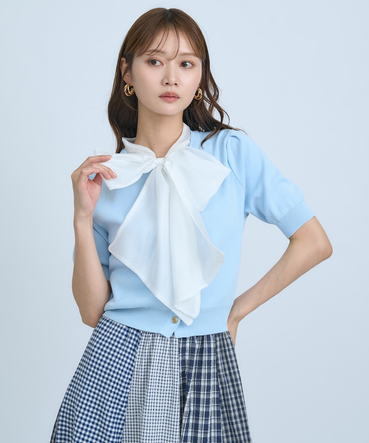 【先行予約受付中】異素材リボン半袖ニットカーディガン