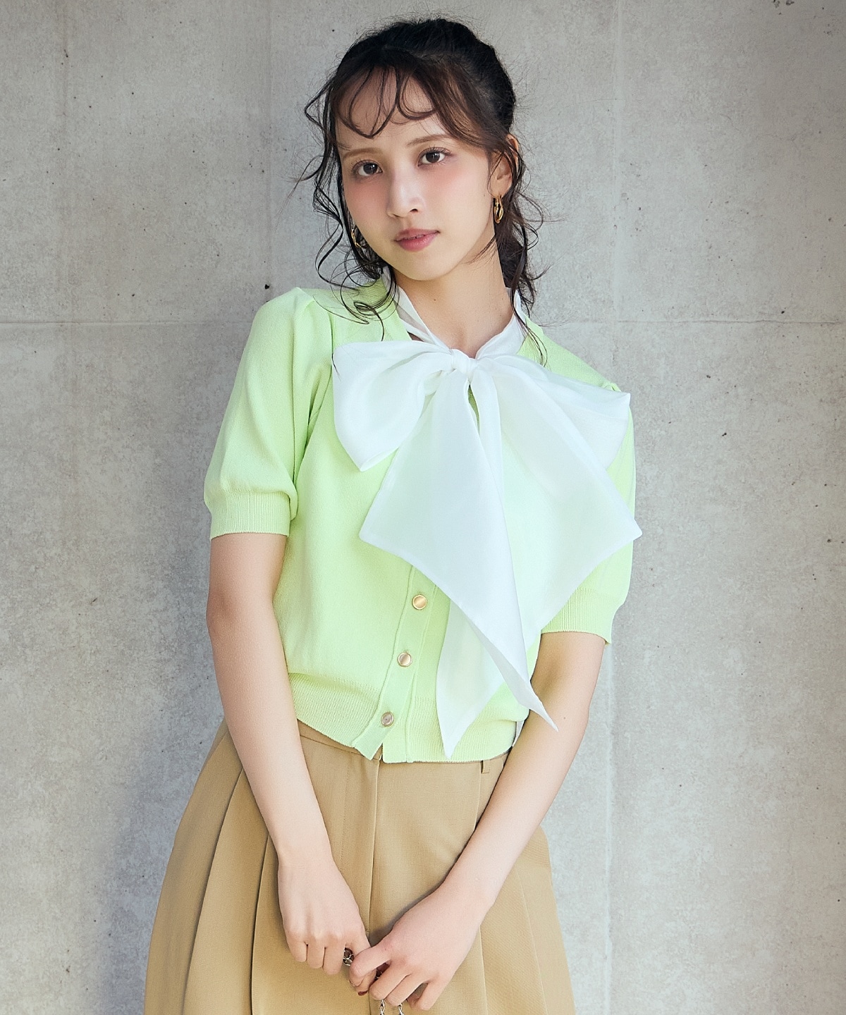 【先行予約受付中】異素材リボン半袖ニットカーディガン