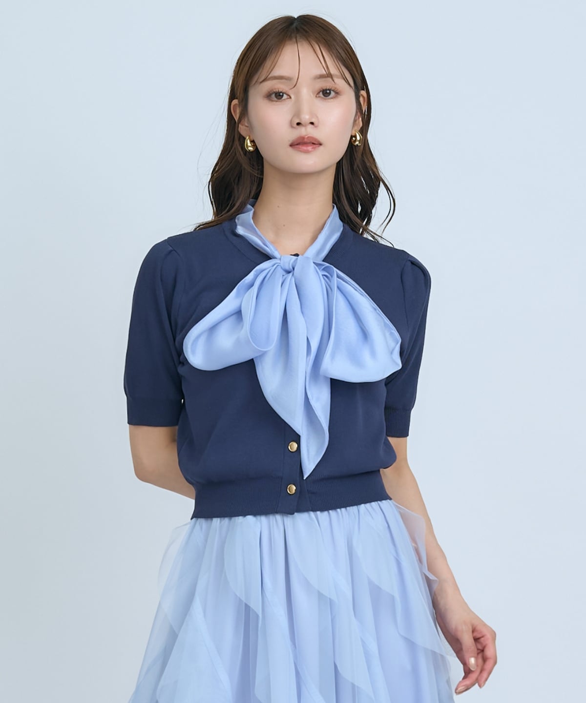 【先行予約受付中】異素材リボン半袖ニットカーディガン