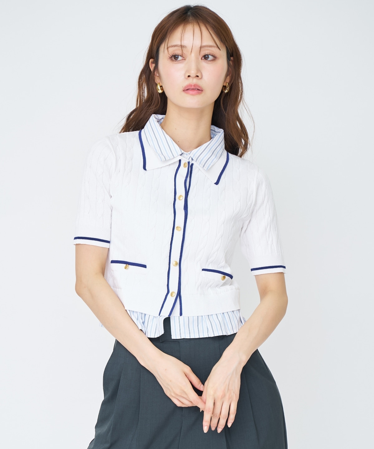 【先行予約受付中】配色シャツ襟ペプラムニットプルオーバー