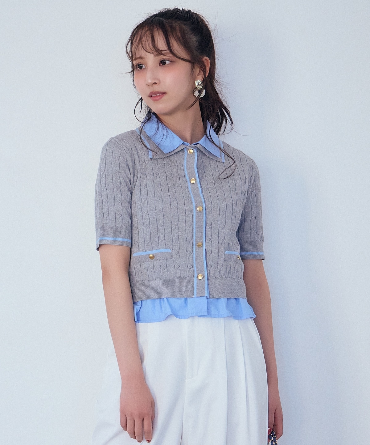 【先行予約受付中】配色シャツ襟ペプラムニットプルオーバー