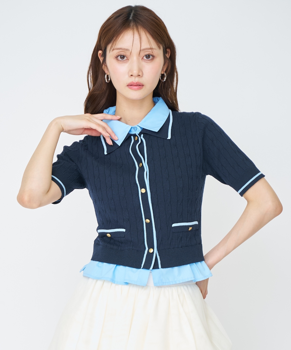 【先行予約受付中】配色シャツ襟ペプラムニットプルオーバー