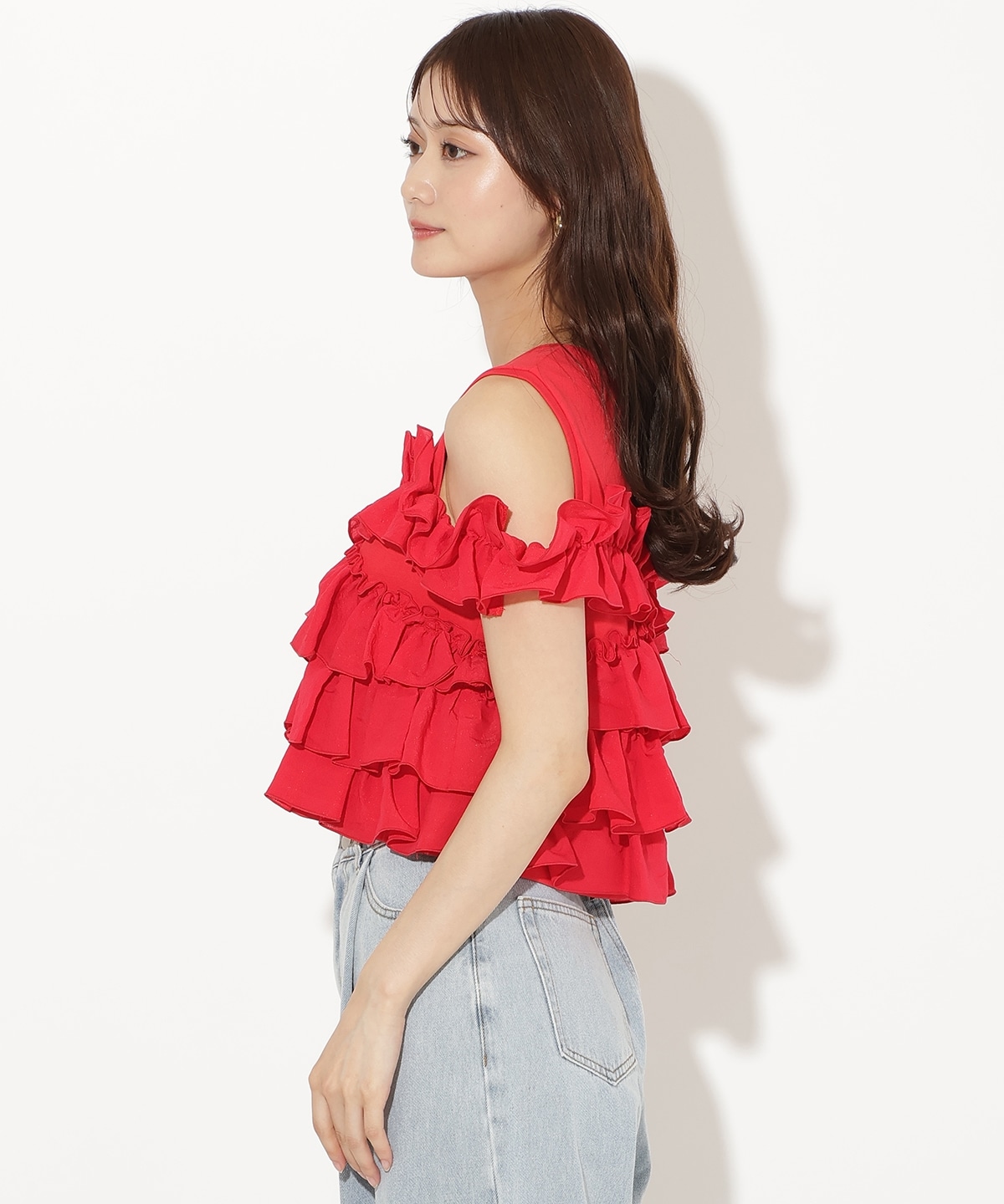 ティアードフリルコンビノースリーブTシャツ