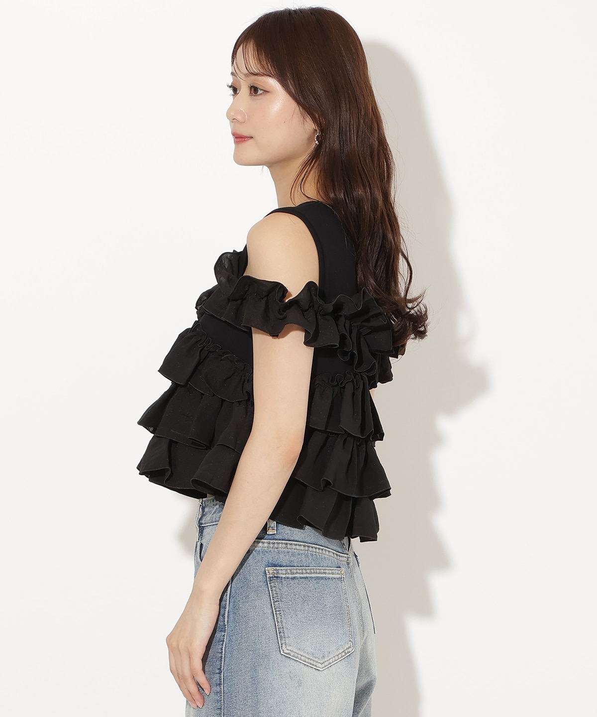 ティアードフリルコンビノースリーブTシャツ