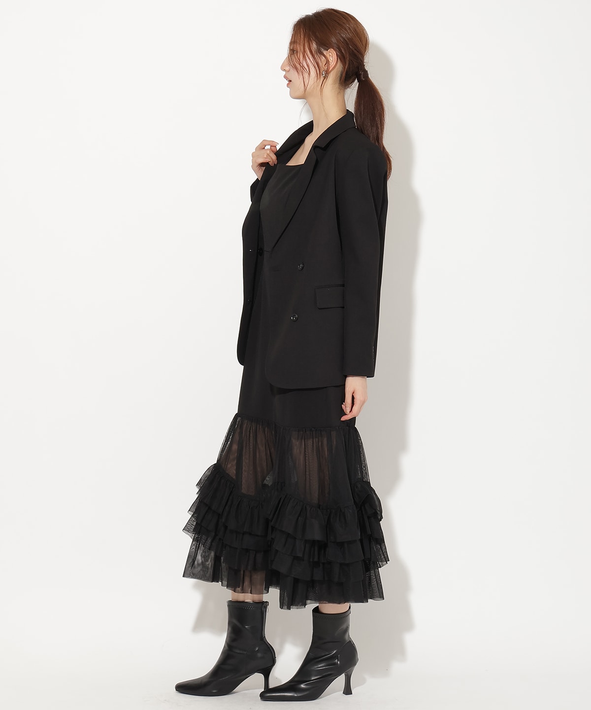 【先行予約受付中】ジャケット×シアーチュールレイヤーワンピース