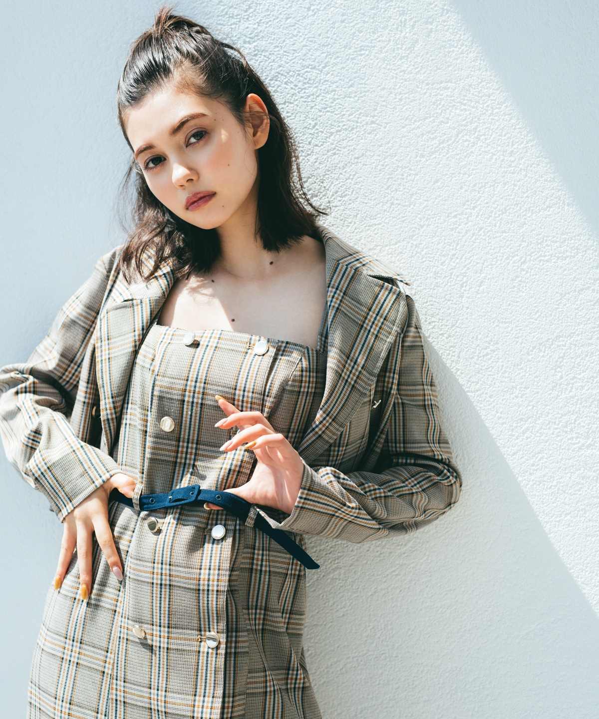 ショートジャケット タイトロングワンピースセット S ベージュ系チェック Redyazel 公式オンラインショップ バーンデストローズ