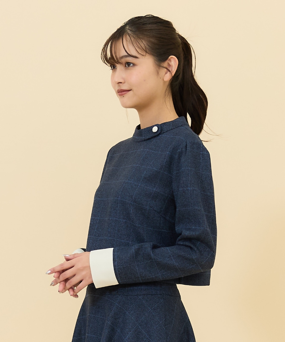 【セットアップ可能】バイカラーチェックスタンドトップス