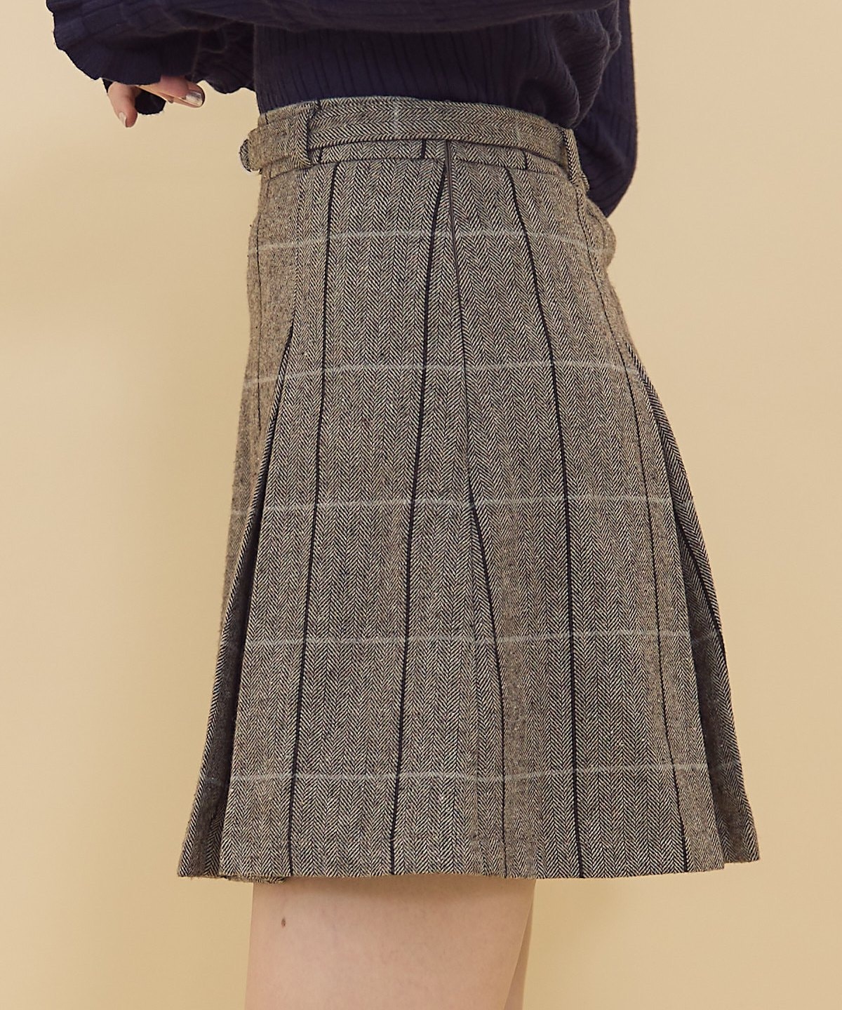 【セットアップ可能】ヘリンボーンチェックタックミニスカート