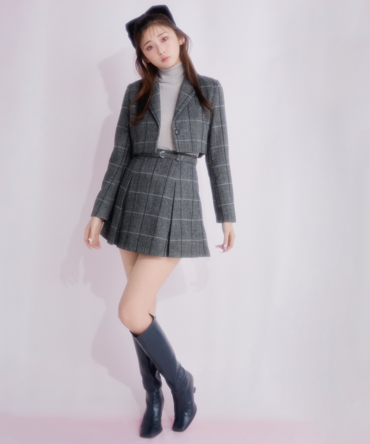 【セットアップ可能】ヘリンボーンチェックタックミニスカート