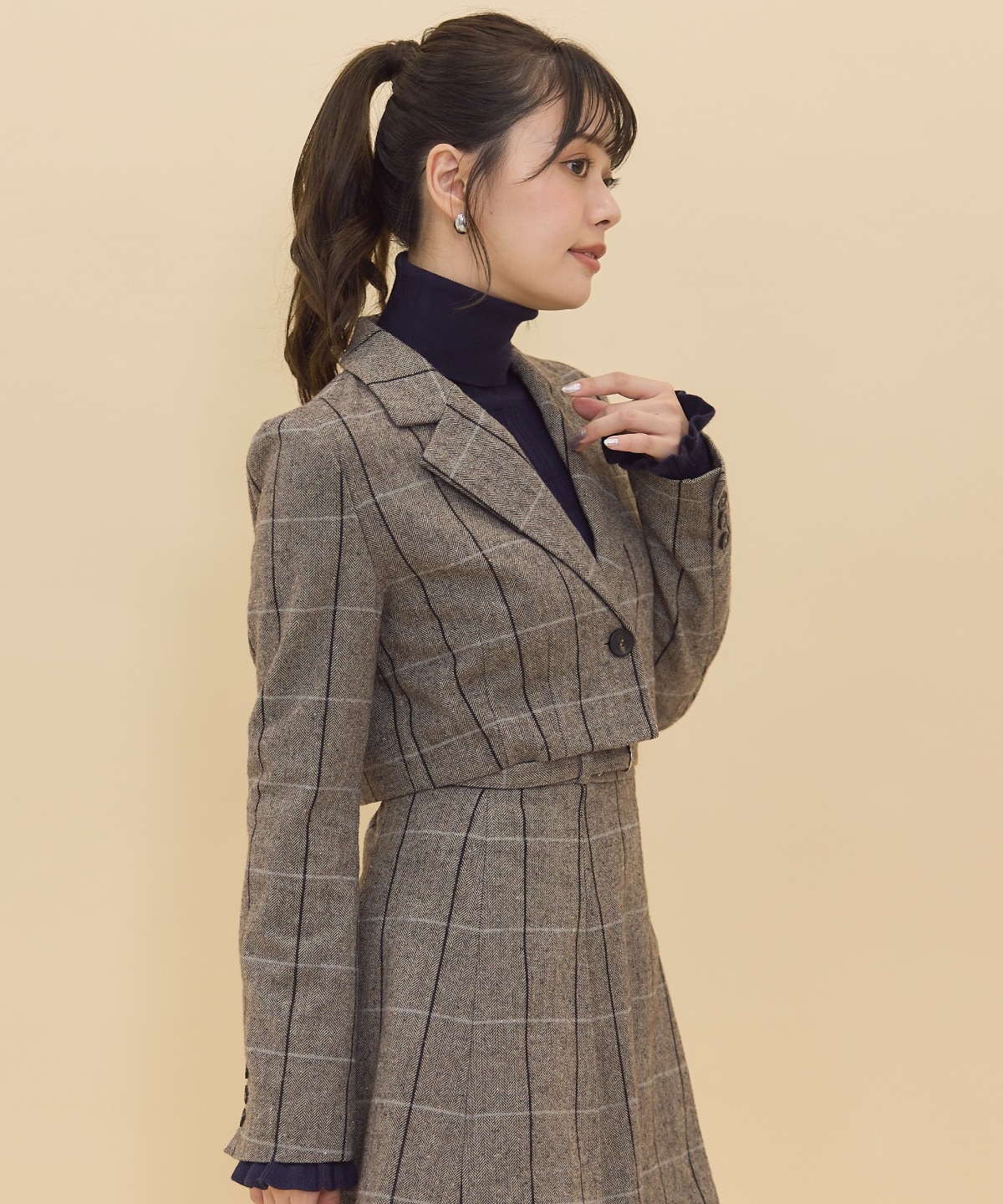 【セットアップ可能】ヘリンボーンチェックテーラーショートジャケット