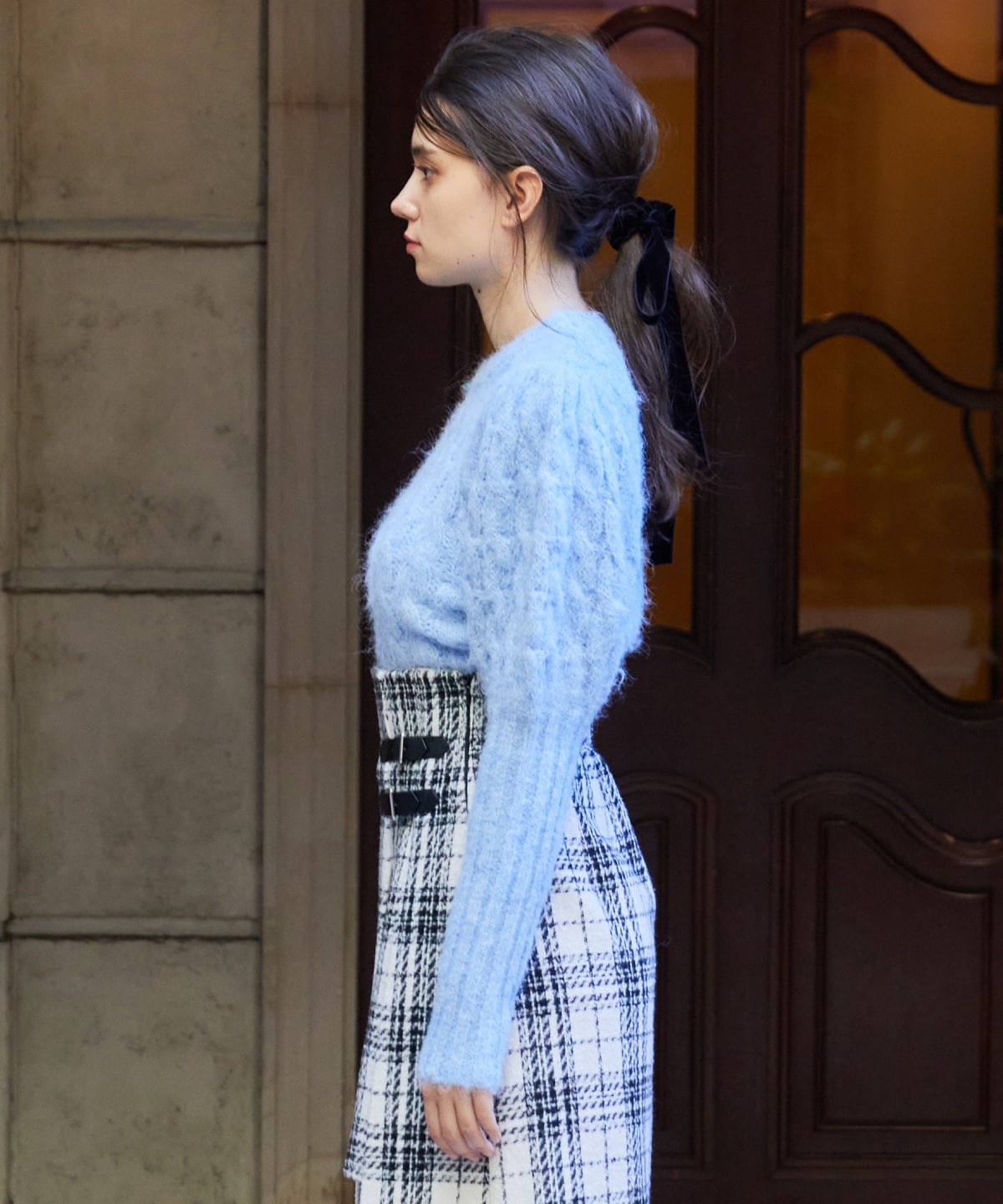 ケーブルパフスリーブニットトップス