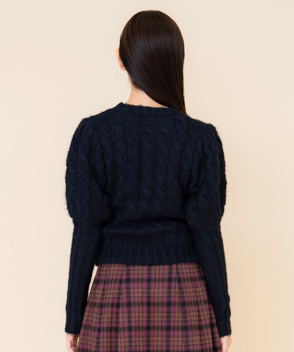 ケーブルパフスリーブニットトップス