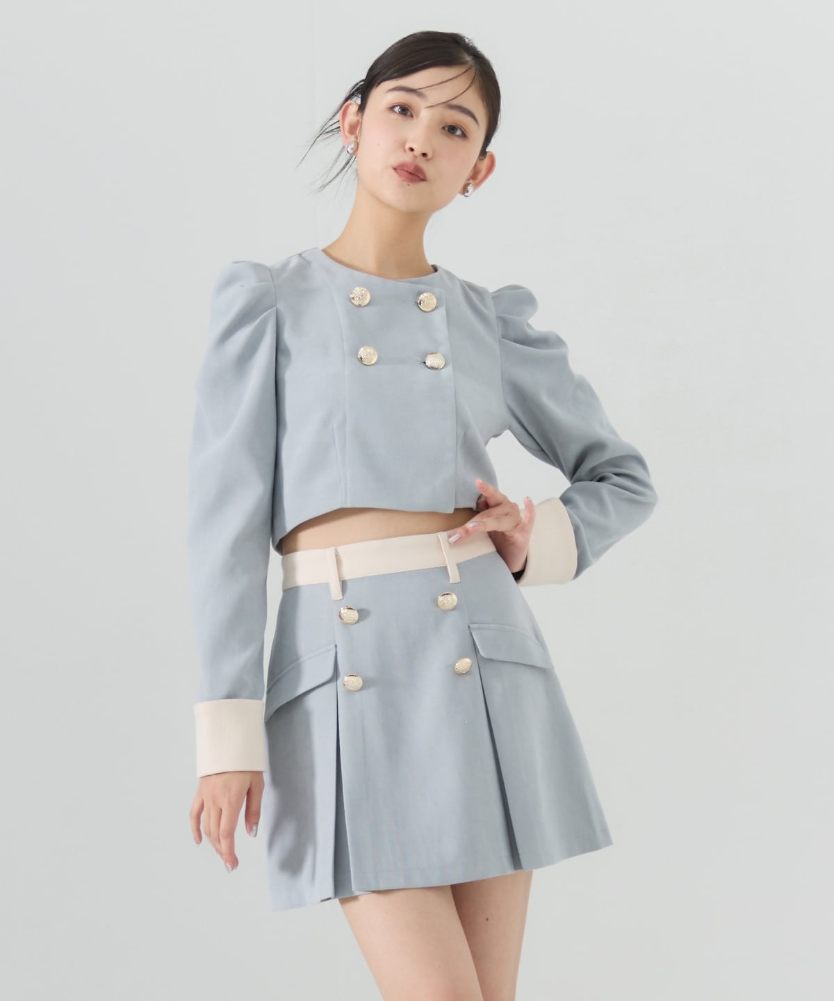 【セットアップ可能】ダブルボタンバイカラーミニスカート