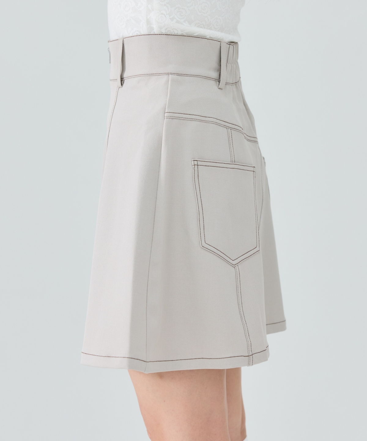 【セットアップ可能】バイカラーステッチフレアミニスカート