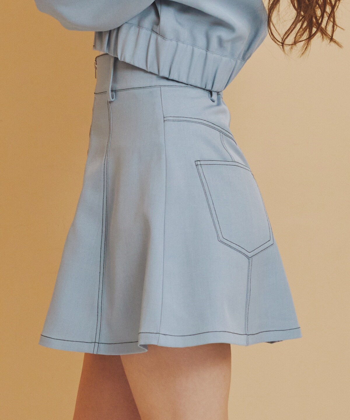 【セットアップ可能】バイカラーステッチフレアミニスカート