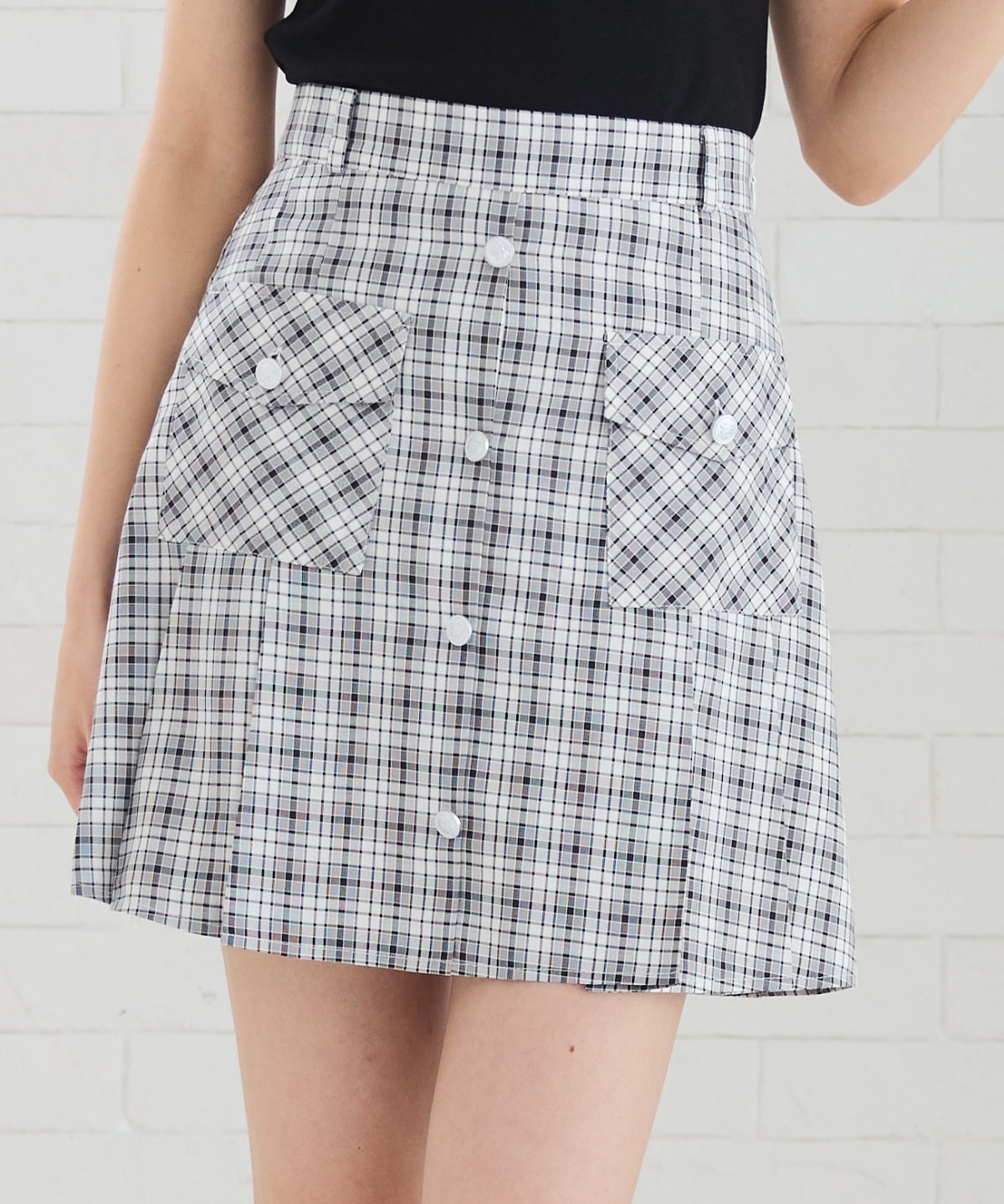 フロントボタンチェックミニスカート