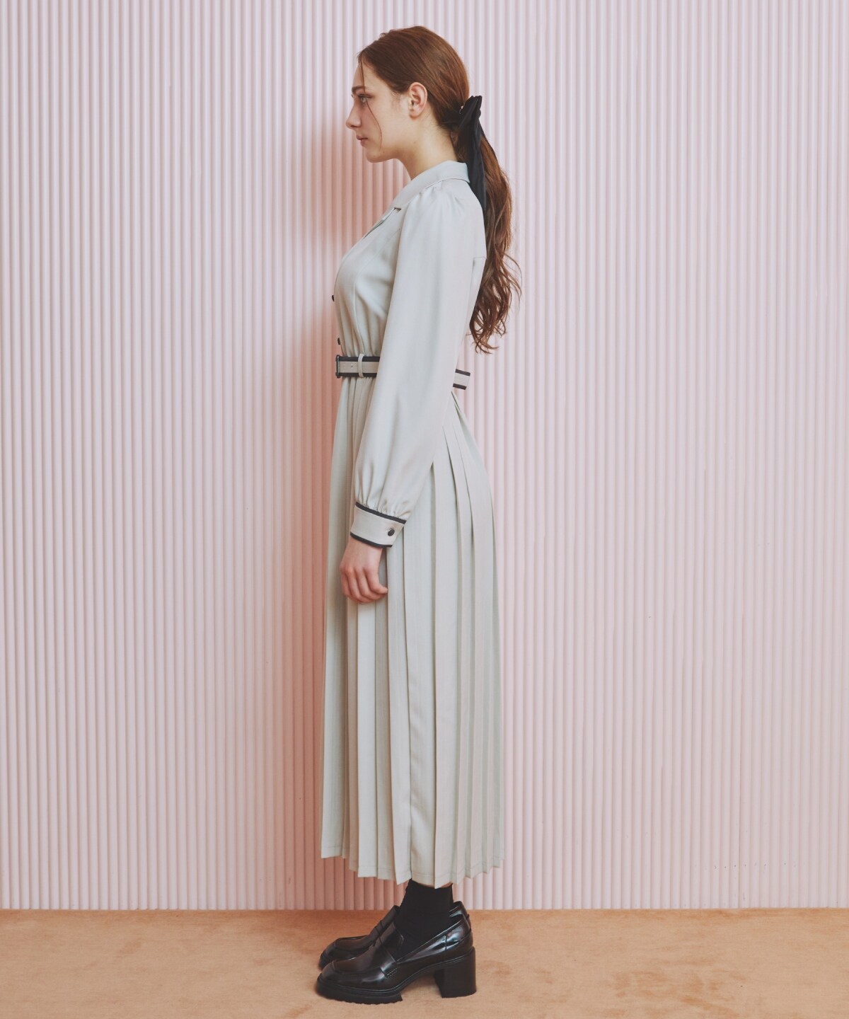 バイカラープリーツシャツワンピース