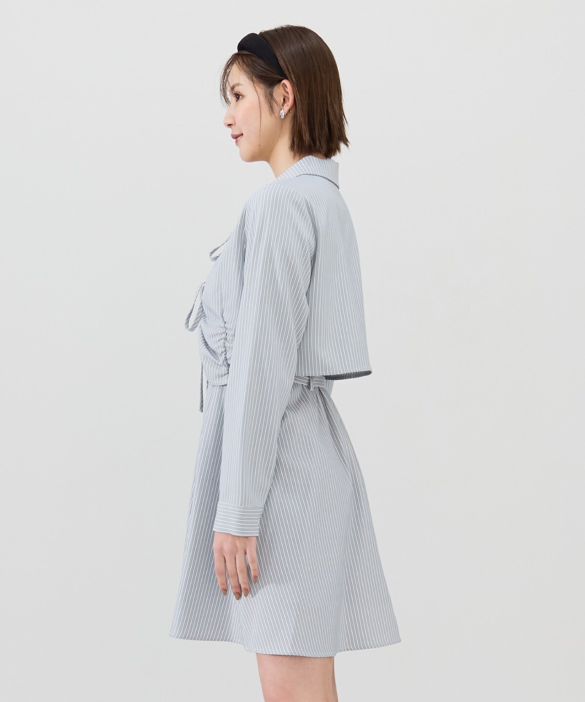 フロントシャーリングシャツ＆ストライプミニワンピースセット