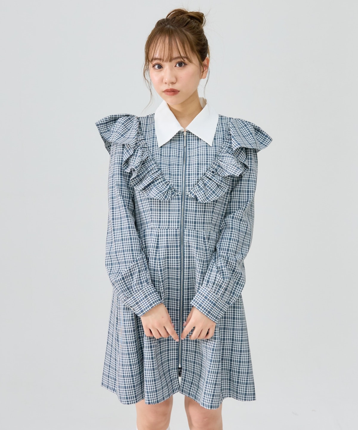 チェックフロントジップフリルミニシャツワンピース