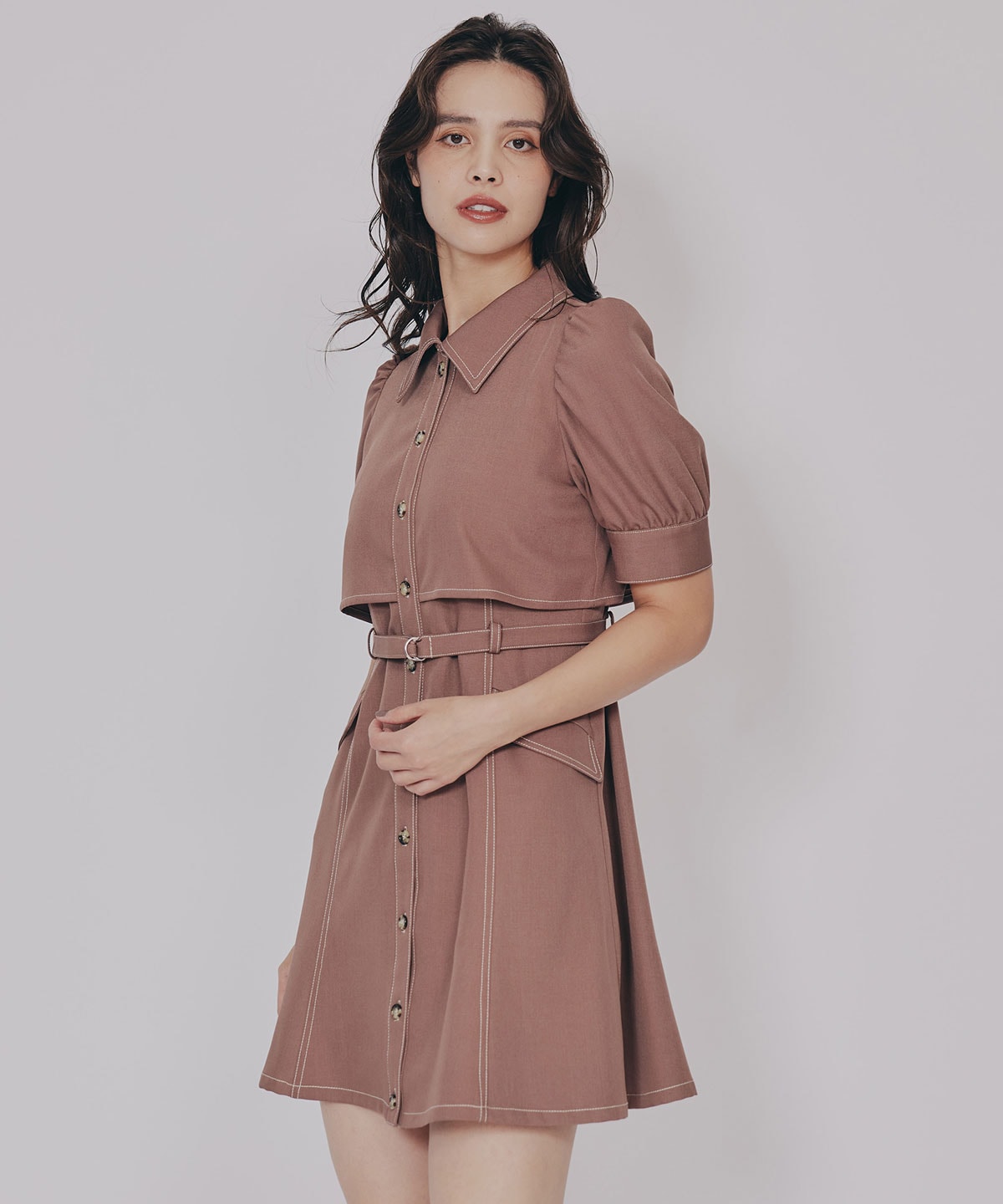 レイヤードデザインバイカラーステッチミニシャツワンピース