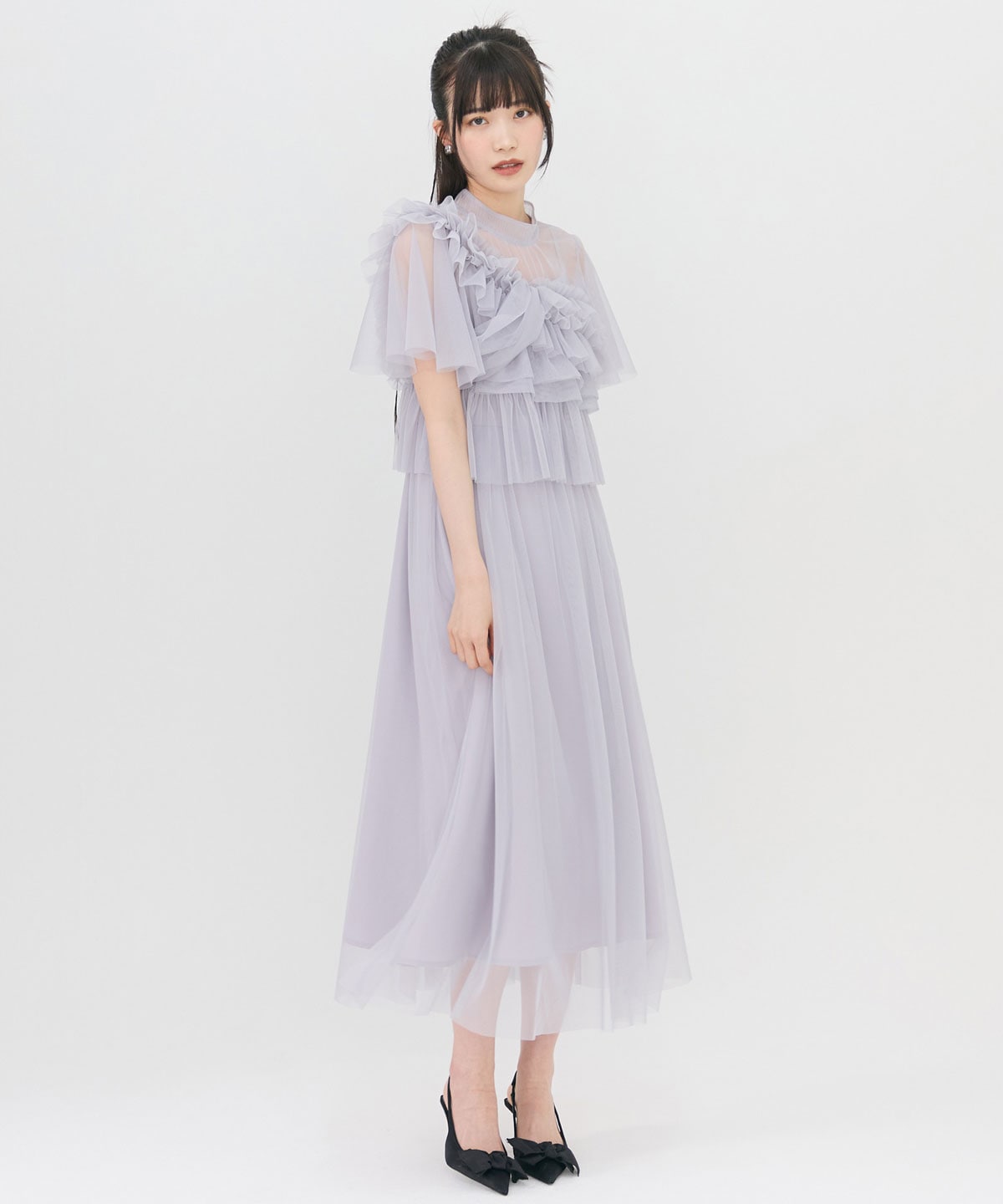 チュールフリルブラウス×キャミワンピースドレス