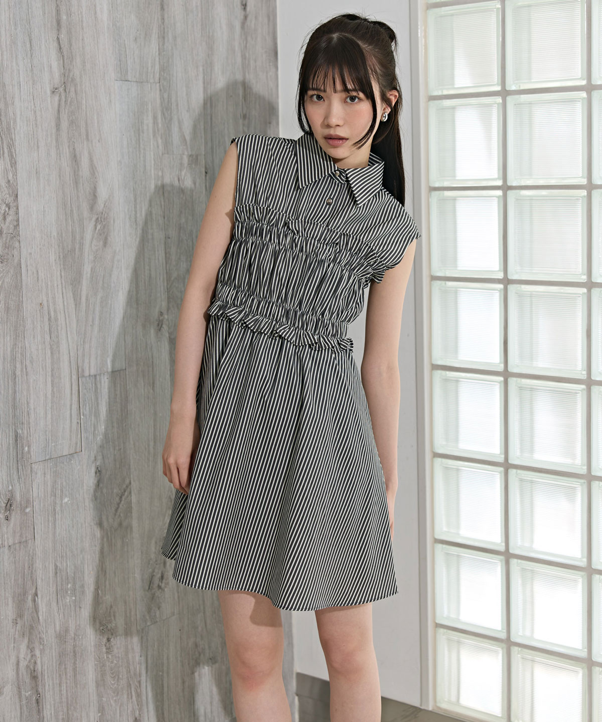 ヘムフリルレイヤードストライプシャツワンピース