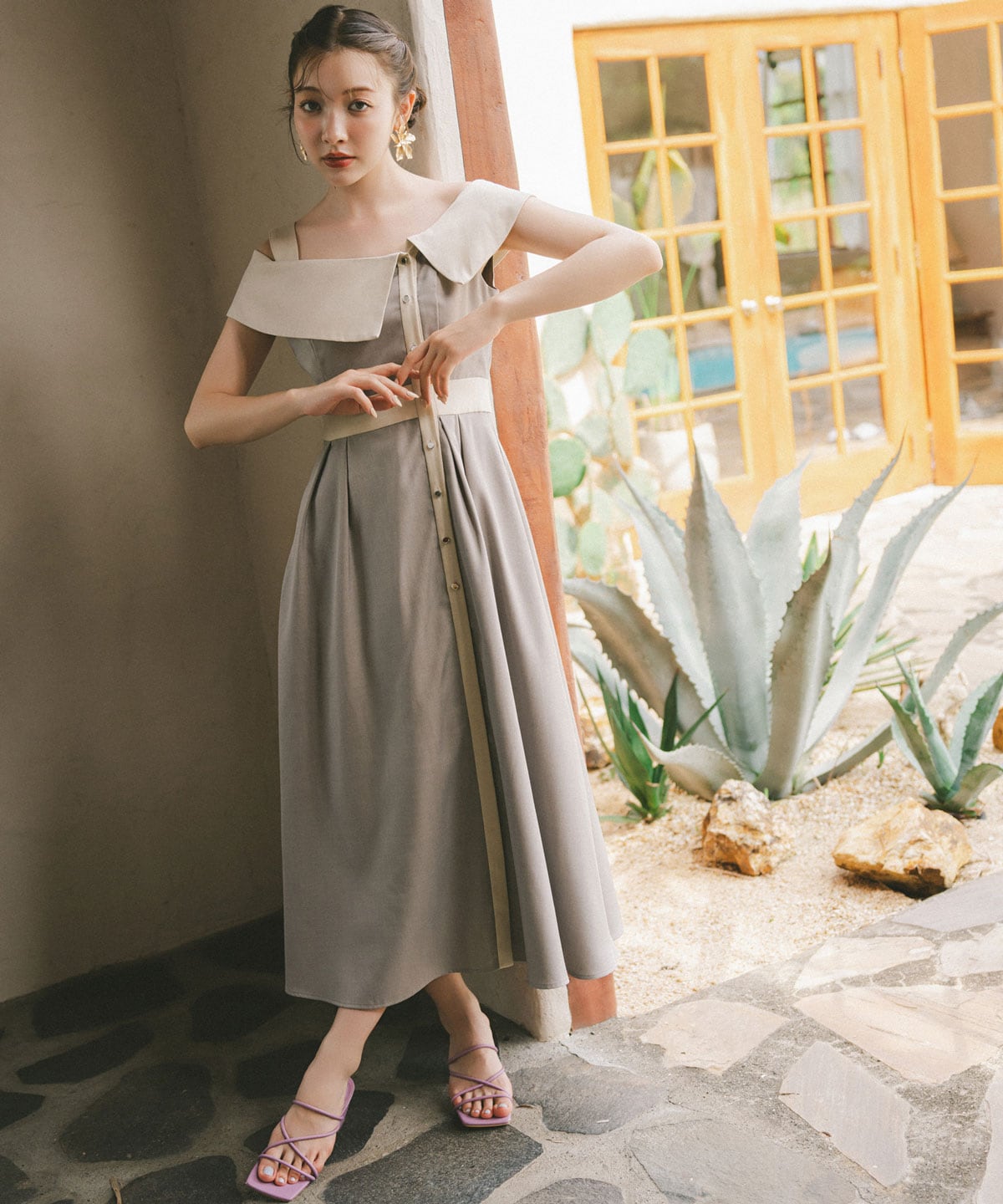 バイカラーアシメショルダーワンピース