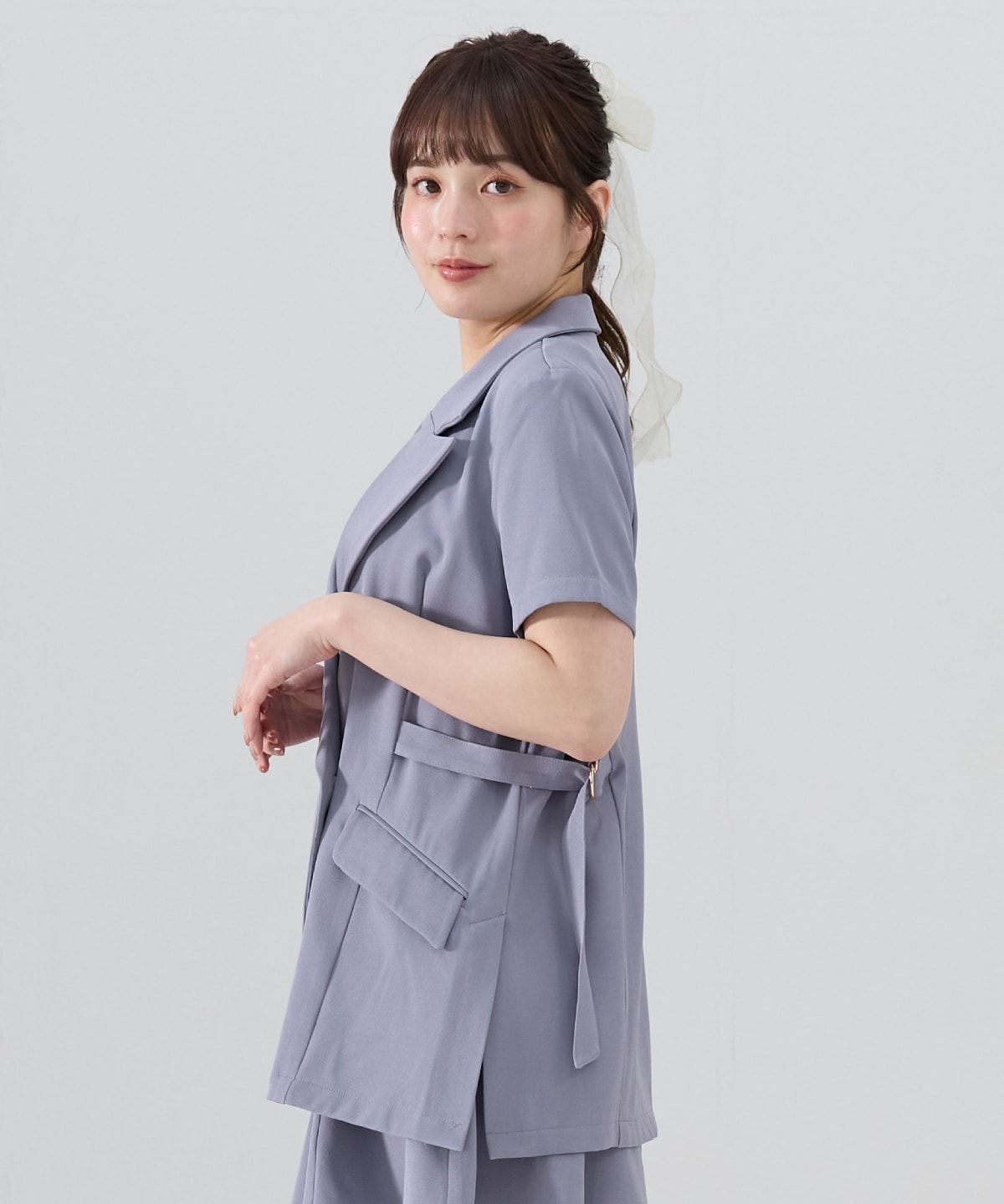 【セットアップ可能】サイドベルト半袖ダブルジャケット