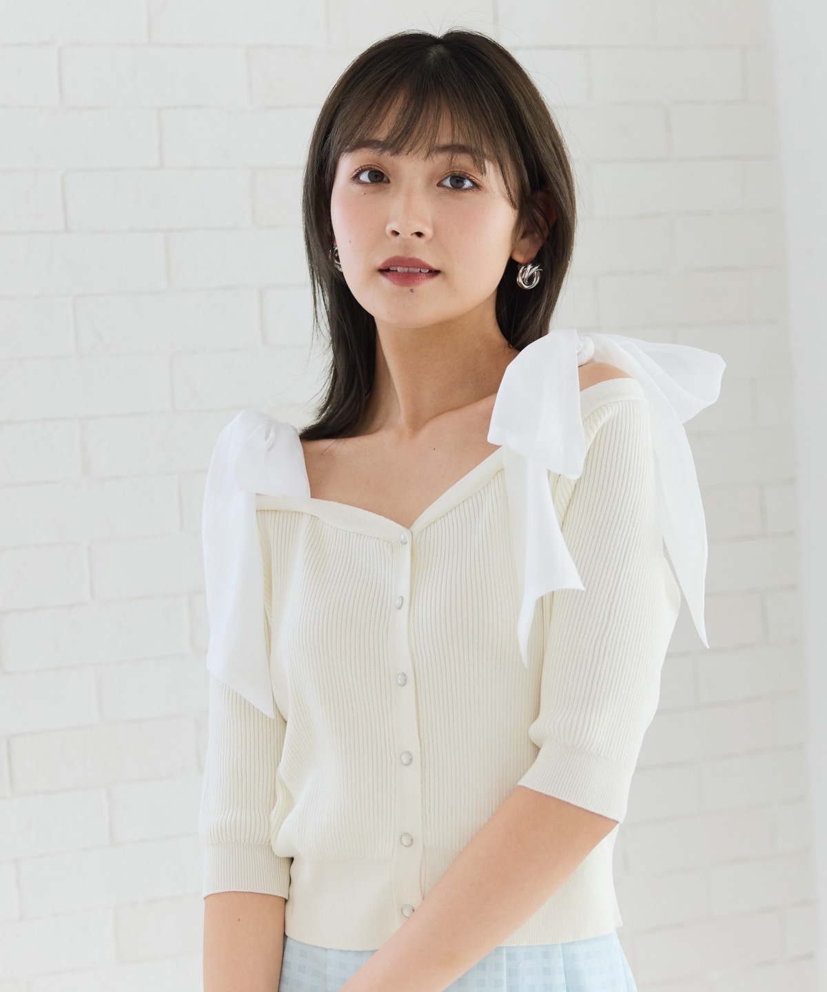 ショルダーリボンオフショルニットトップス