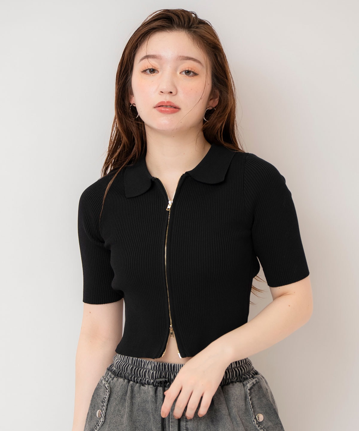 ZIPリブニットトップス