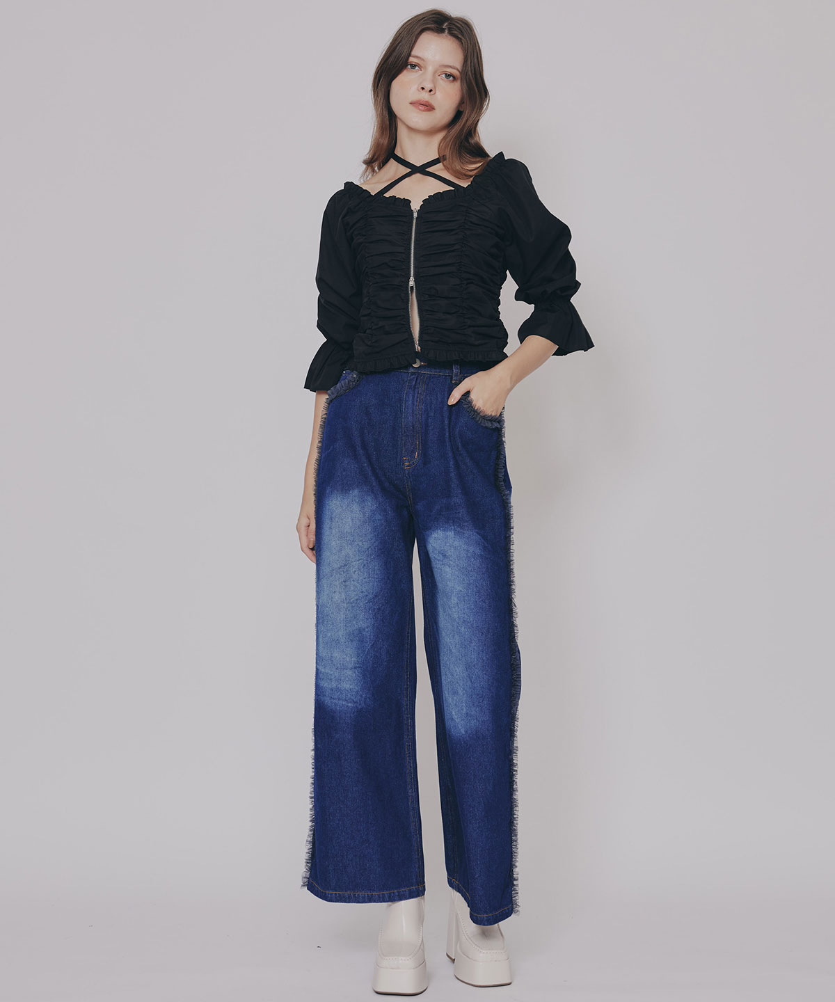 フロントZIPクロスギャザーブラウス