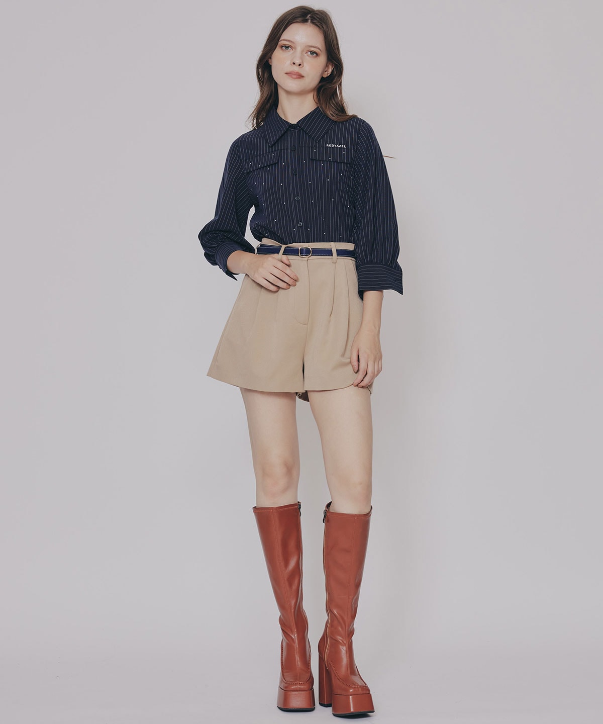 ビジューロゴストライプシャツブラウス