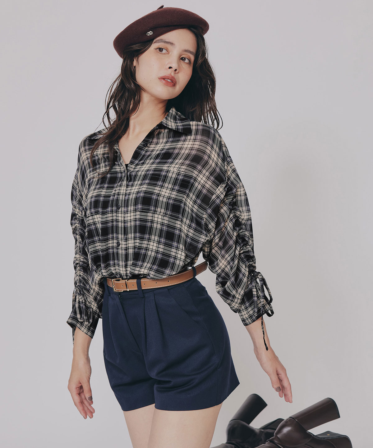 シアーチェックドロストスリーブシャツ