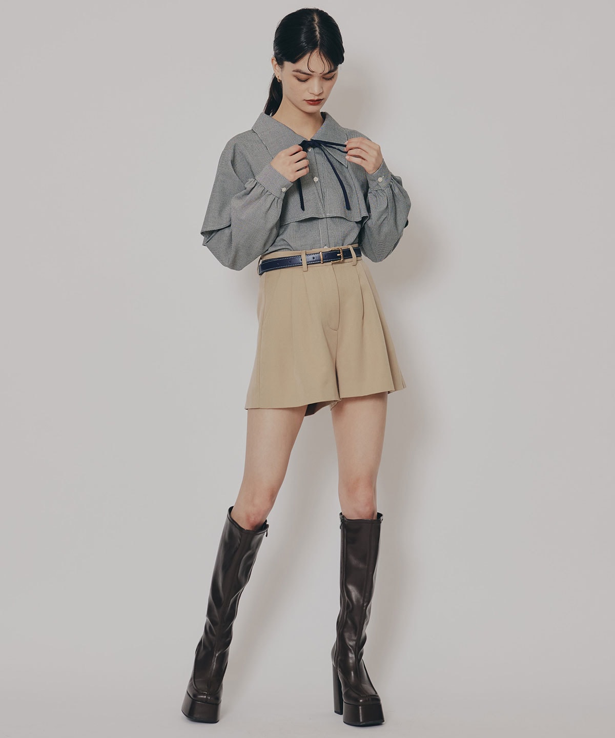 ケープライクグレンチェックリボンタイブラウス