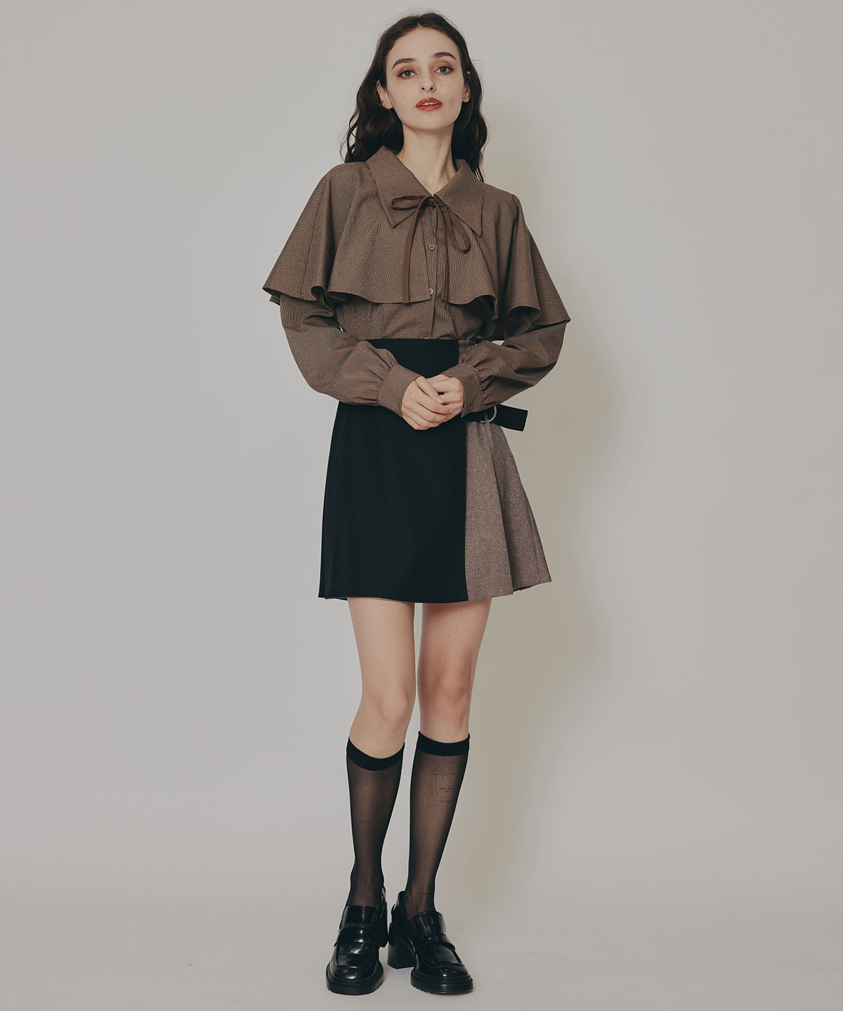 ケープライクグレンチェックリボンタイブラウス