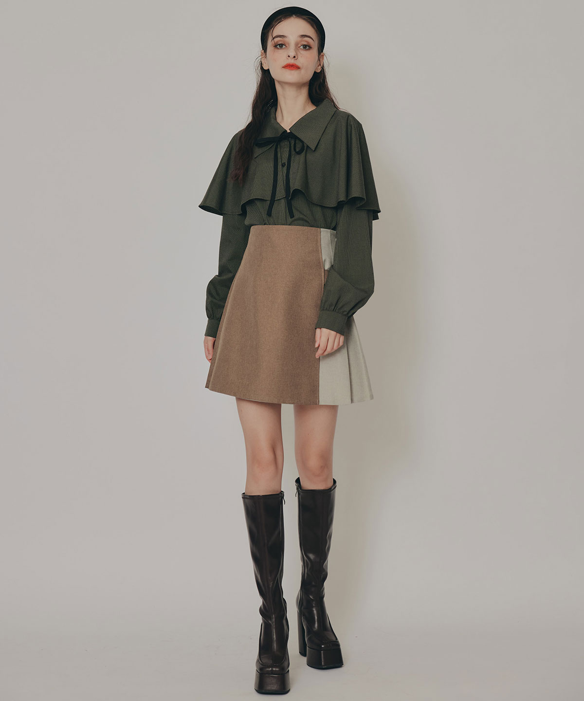 ケープライクグレンチェックリボンタイブラウス