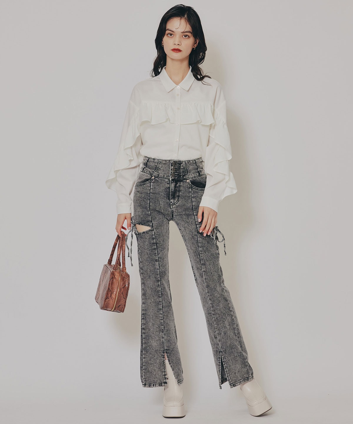 フリルラインストライプブラウス