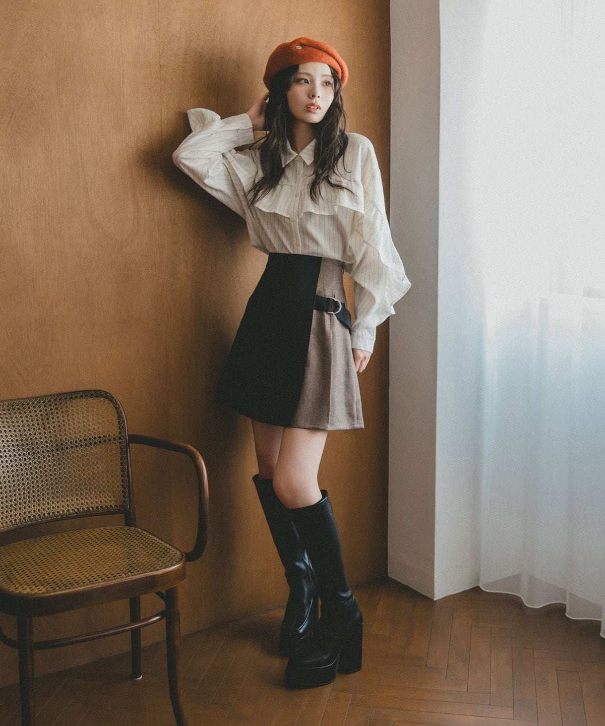 フリルラインストライプブラウス