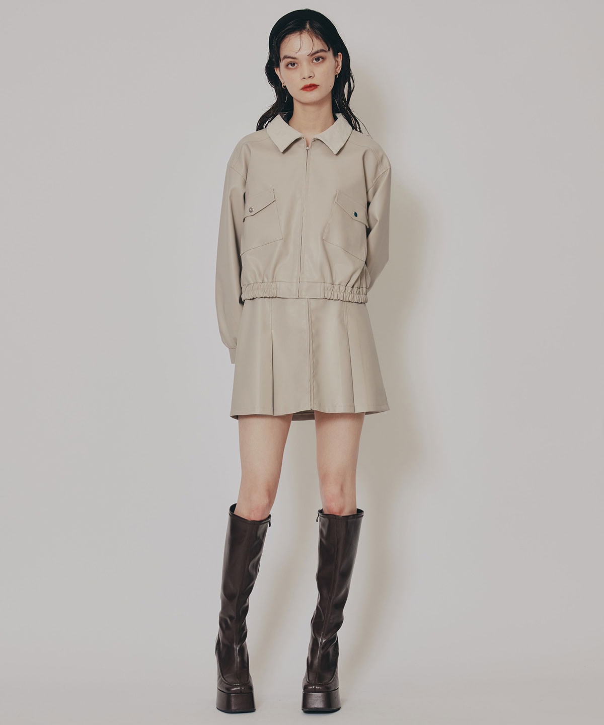 【セットアップ可能】フェイクレザーBOXプリーツミニスカート