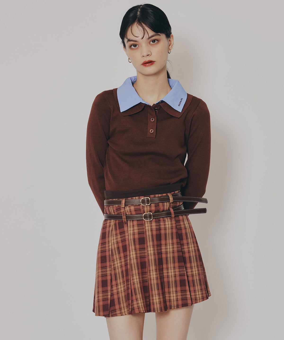 ダブルベルトチェックプリーツミニスカート