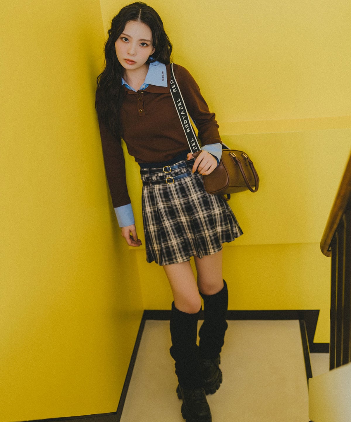 ダブルベルトチェックプリーツミニスカート