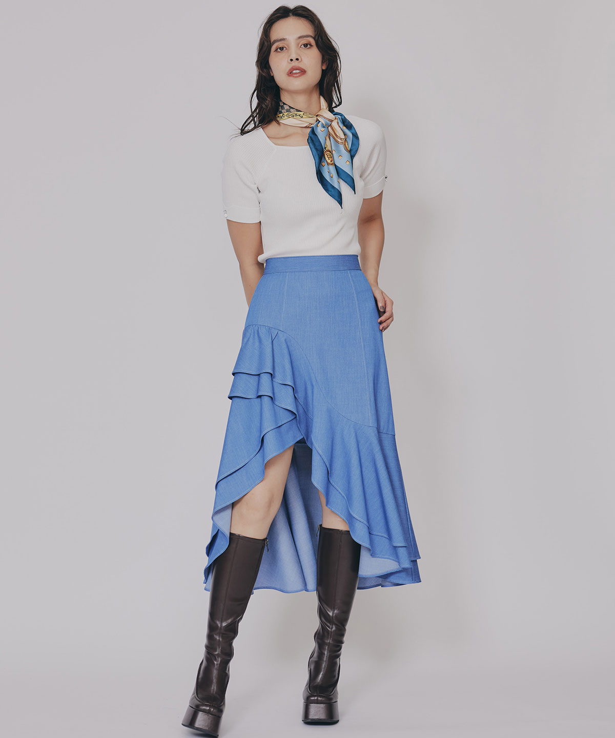 アシメフリルデニムライクティアードスカート