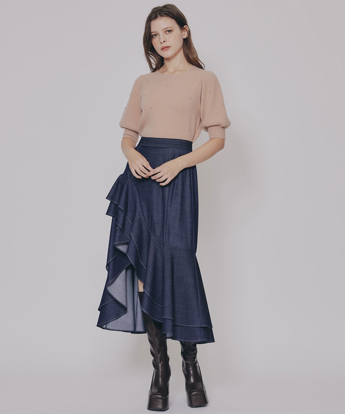 アシメフリルデニムライクティアードスカート