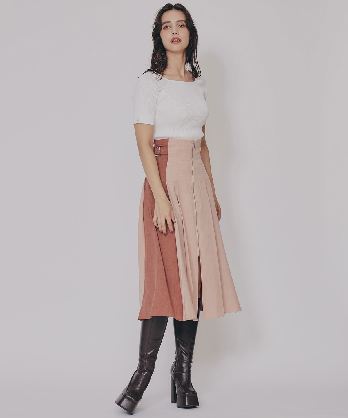 フロントジップバイカラーミディスカート