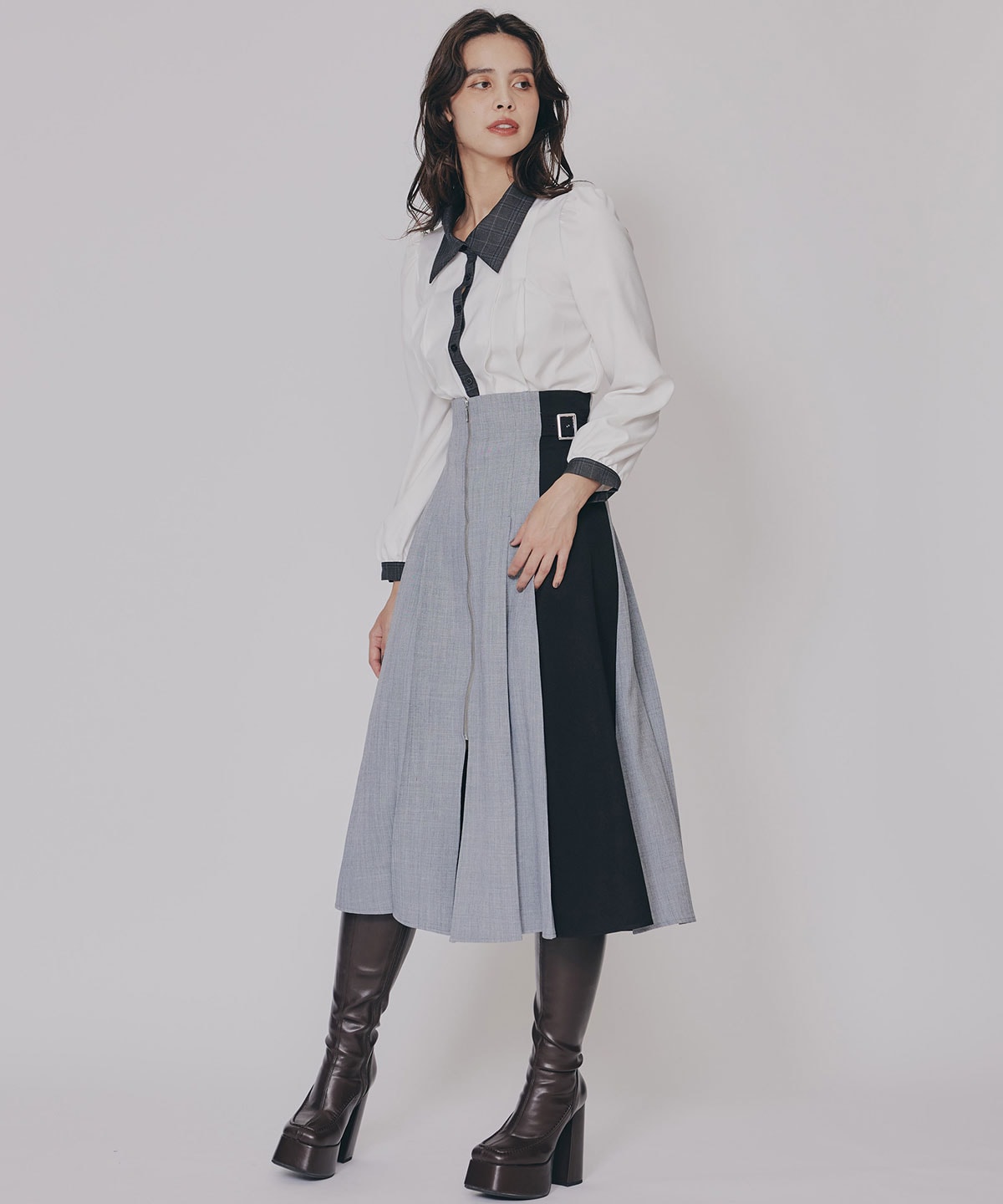 フロントジップバイカラーミディスカート