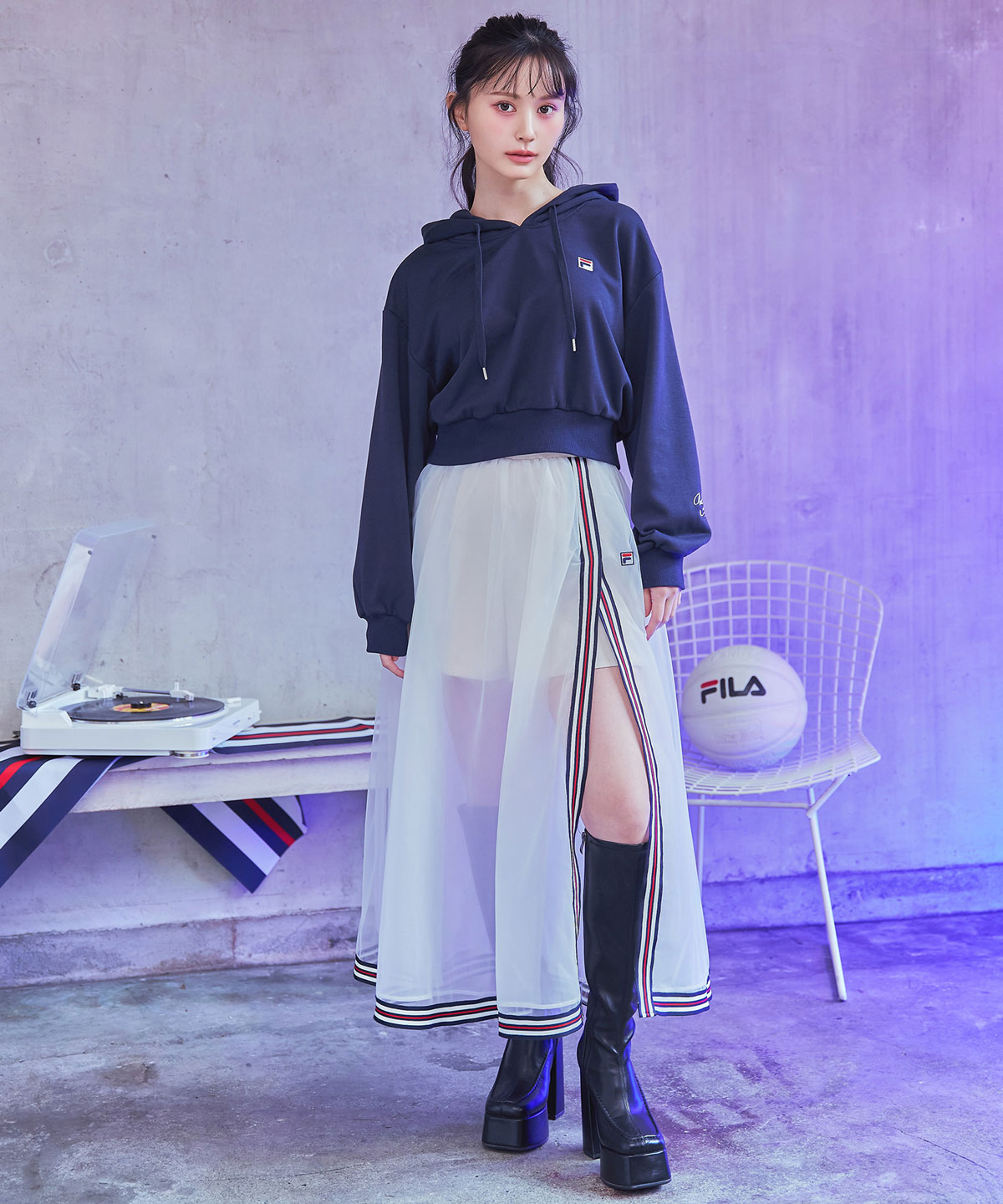 ［FILA×REDYAZEL］チュールレイヤードショートパンツ×トリコロールラインスリットロングスカート