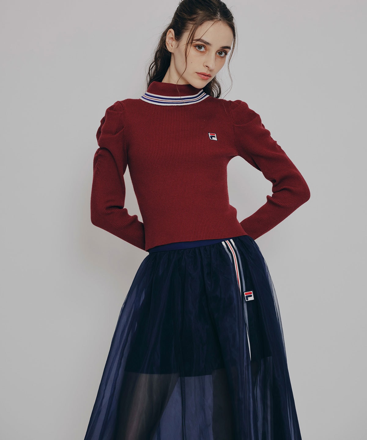 ［FILA×REDYAZEL］チュールレイヤードショートパンツ×トリコロールラインスリットロングスカート